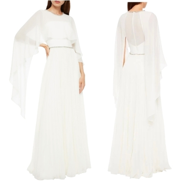 Jenny Packham Dresses & Skirts - Jenny Packham Bloom Cape Ivory Chiffon Gown Rhinestone Embellished Pleated Dress